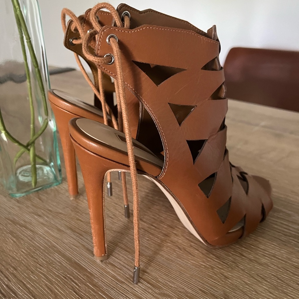 Guess brand tan tie up cage heels